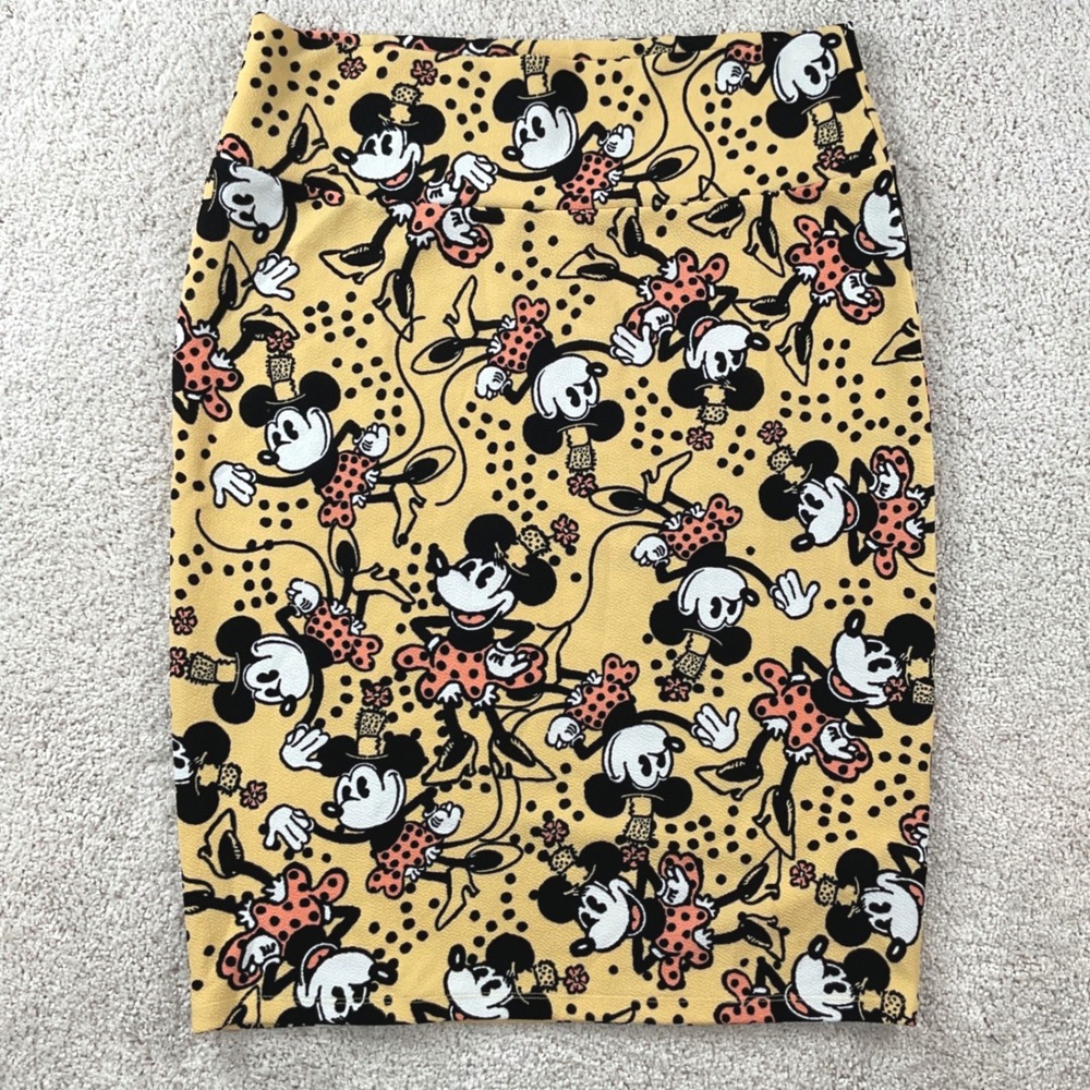 LuLaRoe Disney Cassie Pencil Skirt Yellow Minnie Mickey Mouse Polka Dot Size LG